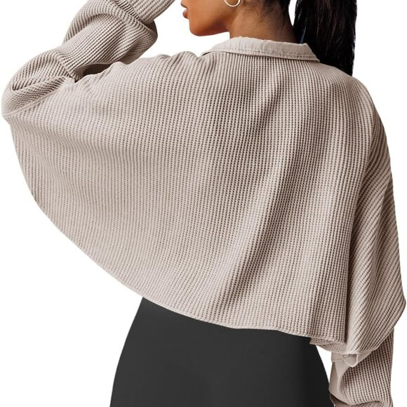 Women's Cropped Waffle Knit Shacket Short Button Down Jacket Batwing Sleeve Shir - Picture 5 of 5